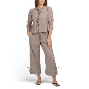 SAATVIK Taupe 2pc Tie Front Top And Drawstring Pants Lounge Set